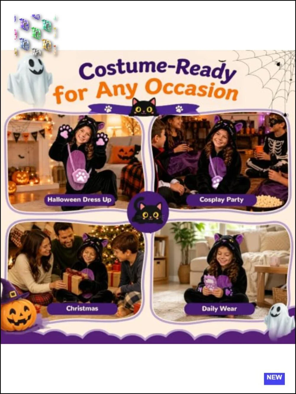 Girls Black Cat Halloween Costume Kids Cosplay Onesie with Candy Purse